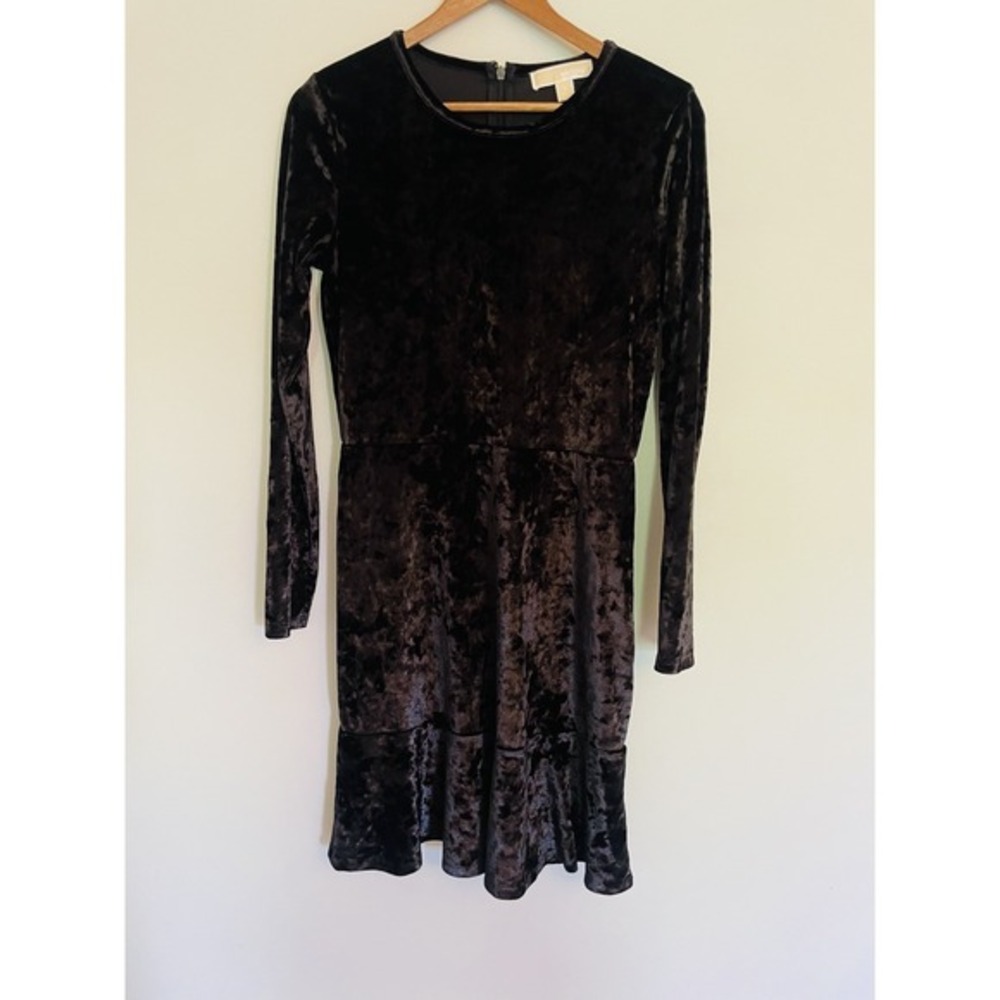 Michael Kors Crushed Velvet Black Long Sleeve A-Line Above The Knee Dress. Small